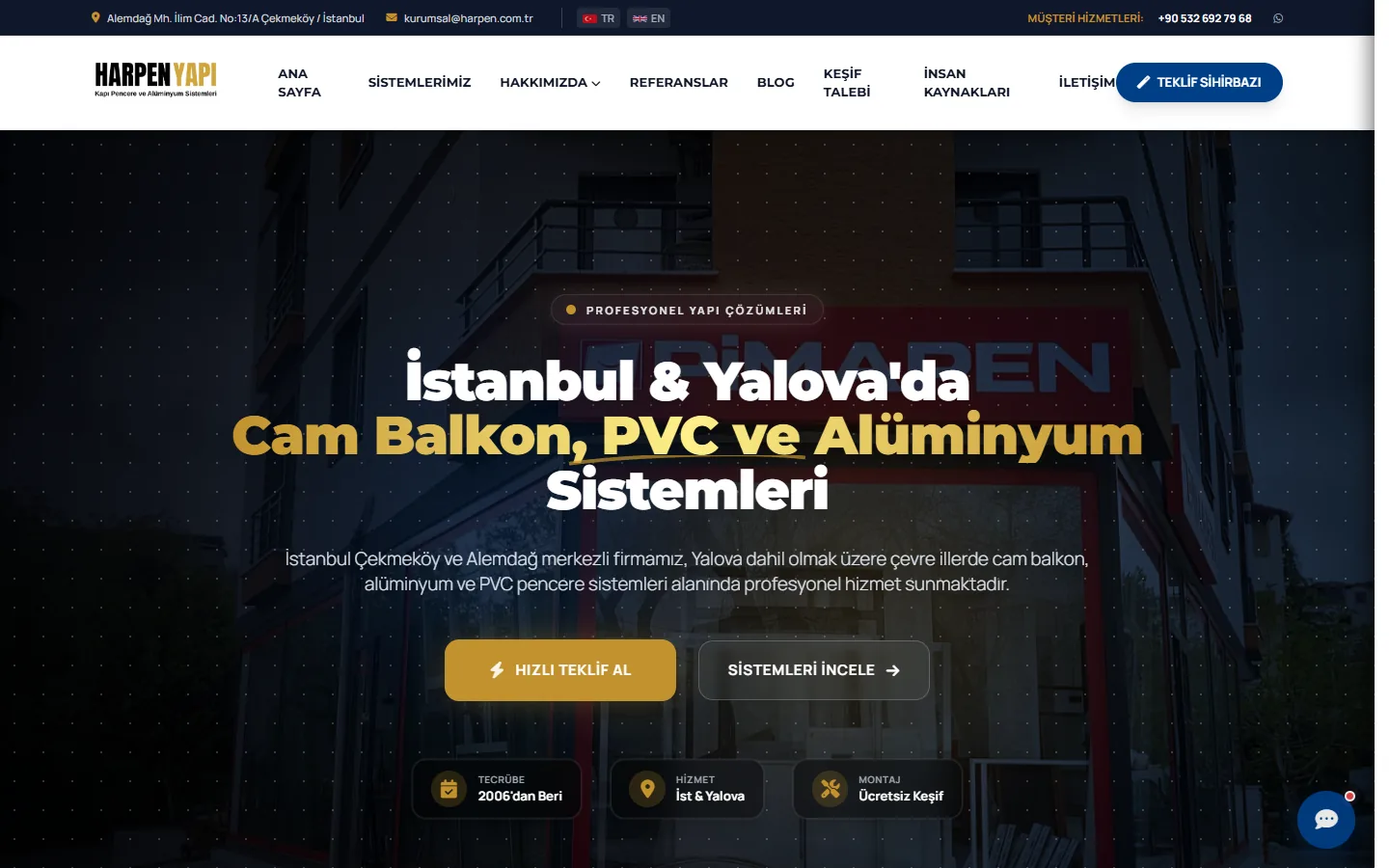 Harpen Yapı Sistemleri web sitesi arayüzü