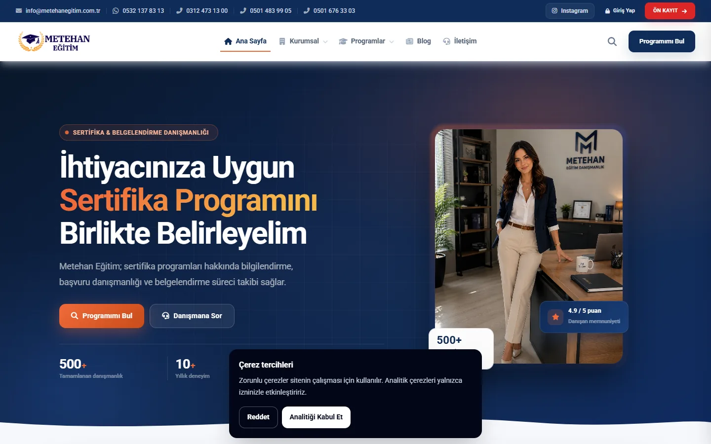 Metehan Eğitim web sitesi arayüzü